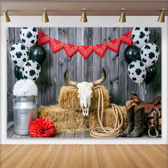 Lofaris Rustic Wood Western Cowboy Photography Backdrop, Farm Theme Background with Cow Print Balloons and Red Bandana