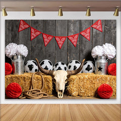 Lofaris Rustic Western Photography Backdrop with Bull Skull and Hay Bales, Farmhouse Photo Background for Cowboy Party Decor