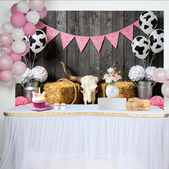 Lofaris Pink Cowgirl Birthday Backdrop with Cow Print Balloons and Hay Bales, Rustic Western Party Background for Girls Photoshoot Decor