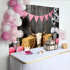 Lofaris Pink Cowgirl Birthday Backdrop with Cow Print Balloons and Hay Bales, Rustic Western Party Background for Girls Photoshoot Decor