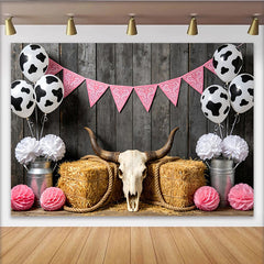 Lofaris Pink Cowgirl Birthday Backdrop with Cow Print Balloons and Hay Bales, Rustic Western Party Background for Girls Photoshoot Decor
