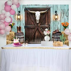 Capture Western Photography Backdrop with Longhorn Skull, Rustic Barn Door and Hay Bales Studio Background for Photoshoot