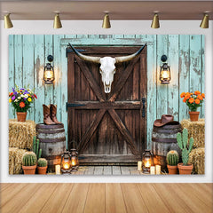 Capture Western Photography Backdrop with Longhorn Skull, Rustic Barn Door and Hay Bales Studio Background for Photoshoot