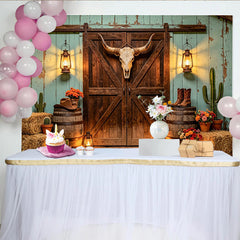 Lofaris Rustic Western Barn Photography Backdrop with Bull Skull and Lanterns, Vintage Cowboy Studio Background for Photoshoot