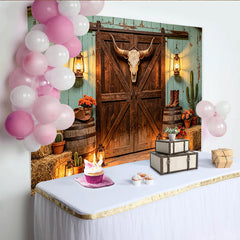 Lofaris Rustic Western Barn Photography Backdrop with Bull Skull and Lanterns, Vintage Cowboy Studio Background for Photoshoot
