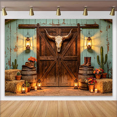 Lofaris Rustic Western Barn Photography Backdrop with Bull Skull and Lanterns, Vintage Cowboy Studio Background for Photoshoot