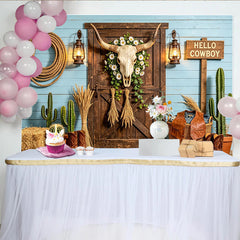 Lofaris Rustic Western Photography Backdrop with Bull Skull, Blue Wood Wall and Lanterns Studio Background for Photoshoot