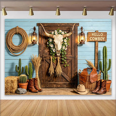 Lofaris Rustic Western Photography Backdrop with Bull Skull, Blue Wood Wall and Lanterns Studio Background for Photoshoot