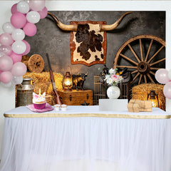 Lofaris Rustic Western Photography Backdrop with Longhorn Horns, Hay Bales and Wagon Wheel, Vintage Cowboy Studio Background for Photoshoot