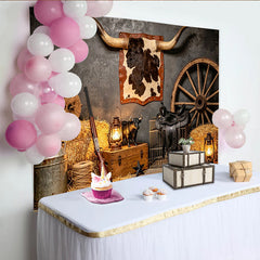 Lofaris Rustic Western Photography Backdrop with Longhorn Horns, Hay Bales and Wagon Wheel, Vintage Cowboy Studio Background for Photoshoot