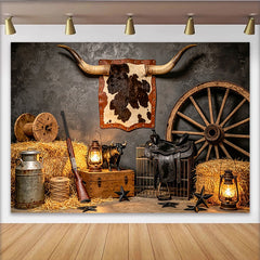 Lofaris Rustic Western Photography Backdrop with Longhorn Horns, Hay Bales and Wagon Wheel, Vintage Cowboy Studio Background for Photoshoot