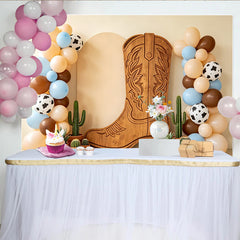Lofaris Rustic Wooden Cowboy Boot Western Baby Shower Backdrop, Cow Print Balloons and Cacti Photography Background