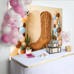 Lofaris Rustic Wooden Cowboy Boot Western Baby Shower Backdrop, Cow Print Balloons and Cacti Photography Background