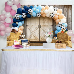 Lofaris Rustic Barn Door Cowboy Baby Shower Backdrop with Blue and Peach Balloons, Western Farm Photo Background for Boy Party Decor
