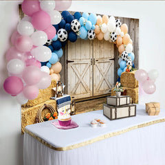 Lofaris Rustic Barn Door Cowboy Baby Shower Backdrop with Blue and Peach Balloons, Western Farm Photo Background for Boy Party Decor