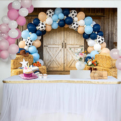Lofaris Rustic Western Cowboy Birthday Backdrop with Blue Balloons and Cow Print, Farm Barn Door Photo Booth Prop