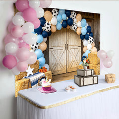 Lofaris Rustic Western Cowboy Birthday Backdrop with Blue Balloons and Cow Print, Farm Barn Door Photo Booth Prop