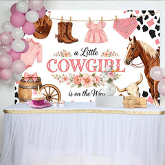 Lofaris Pink Western Cowgirl Baby Shower Backdrop with Horse and Boots, Floral Baby Girl Party Background for Photoshoot Decorations