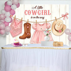 Lofaris Pink Cowgirl Baby Shower Backdrop with Boots, Hat and Dress, Rustic Wooden Background for Girl Party Decor