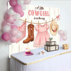 Lofaris Pink Cowgirl Baby Shower Backdrop with Boots, Hat and Dress, Rustic Wooden Background for Girl Party Decor