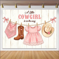 Lofaris Pink Cowgirl Baby Shower Backdrop with Boots, Hat and Dress, Rustic Wooden Background for Girl Party Decor
