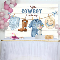 Lofaris Blue Cowboy Baby Shower Backdrop, Little Cowboy Is On The Way, White Wood Plank Photography Background with Baby Outfits