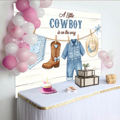 Lofaris Blue Cowboy Baby Shower Backdrop, Little Cowboy Is On The Way, White Wood Plank Photography Background with Baby Outfits