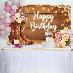 Lofaris Rustic Cowgirl Birthday Backdrop with Floral Boots, Western Theme Party Decor for Girls Photoshoot