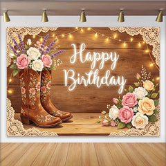 Lofaris Rustic Cowgirl Birthday Backdrop with Floral Boots, Western Theme Party Decor for Girls Photoshoot