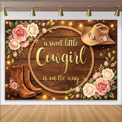 Lofaris Rustic Wooden Cowgirl Baby Shower Backdrop with Floral Roses and Boots, Western Photo Background for a Sweet Little Girl Party Decor