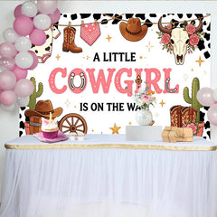 Lofaris Pink Cowgirl Baby Shower Backdrop with Western Boots, Hat and Cactus, A Little Cowgirl Is On The Way Theme Party Background Decor