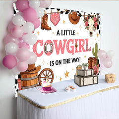 Lofaris Pink Cowgirl Baby Shower Backdrop with Western Boots, Hat and Cactus, A Little Cowgirl Is On The Way Theme Party Background Decor