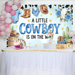 Lofaris Blue Cowboy Baby Shower Backdrop with Boots, Hat, and Cactus, Western Theme Party Background for Boy Baby Shower Decorations