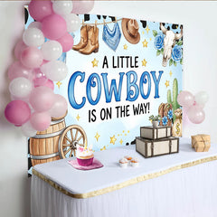Lofaris Blue Cowboy Baby Shower Backdrop with Boots, Hat, and Cactus, Western Theme Party Background for Boy Baby Shower Decorations
