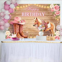 Lofaris Pink Cowgirl Horse Happy Birthday Backdrop with Floral Boots and Hat, Rustic Wooden Background for Girls Party Photography
