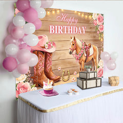 Lofaris Pink Cowgirl Horse Happy Birthday Backdrop with Floral Boots and Hat, Rustic Wooden Background for Girls Party Photography