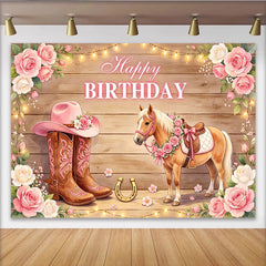 Lofaris Pink Cowgirl Horse Happy Birthday Backdrop with Floral Boots and Hat, Rustic Wooden Background for Girls Party Photography