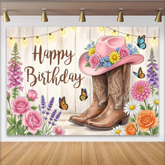 Lofaris Rustic Western Floral Birthday Backdrop with Pink Cowboy Hat and Boots, String Lights Photography Background for Party Decor