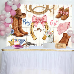Lofaris Rustic Western Gender Reveal Baby Shower Backdrop with Cowboy Boots, Chic Horseshoe Design Photo Background for Party Decor
