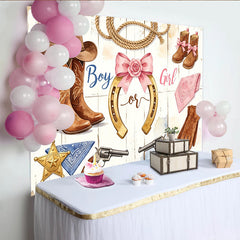 Lofaris Rustic Western Gender Reveal Baby Shower Backdrop with Cowboy Boots, Chic Horseshoe Design Photo Background for Party Decor