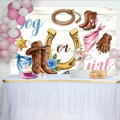 Lofaris Western Boy or Girl Gender Reveal Baby Shower Backdrop, Rustic Cowboy Boots and Horseshoe Wooden Background for Photoshoot.