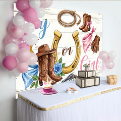 Lofaris Western Boy or Girl Gender Reveal Baby Shower Backdrop, Rustic Cowboy Boots and Horseshoe Wooden Background for Photoshoot.