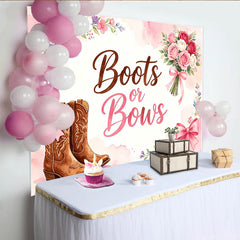 Lofaris Pink Boots or Bows Gender Reveal Baby Shower Backdrop with Cowboy Boots and Flowers, Rustic Party Decor for Gender Reveal Photos