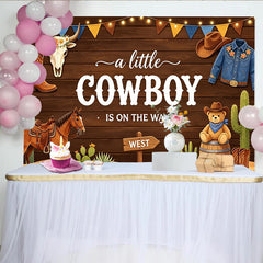 Lofaris Rustic Wood Western Cowboy Baby Shower Backdrop for Boy, Cute Teddy Bear and Cactus Photography Background for Party Decor
