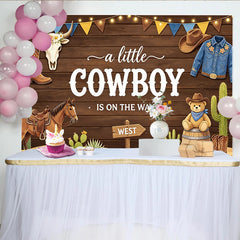 Lofaris Rustic Wood Cowboy Baby Shower Backdrop with Horse, Cactus and Teddy Bear, Western Party Photo Booth Background Decor