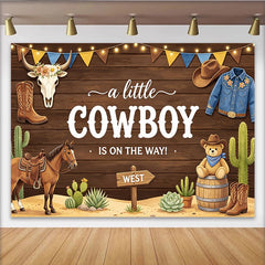 Lofaris Rustic Wood Cowboy Baby Shower Backdrop with Horse, Cactus and Teddy Bear, Western Party Photo Booth Background Decor