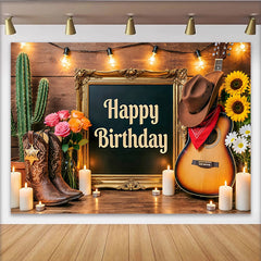 Lofaris Rustic Western Happy Birthday Backdrop with Cowboy Boots, Guitar and Cactus, Wood Wall Photography Background for Party Decor