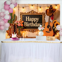 Lofaris Rustic Western Cowboy Birthday Backdrop with Guitar and Boots, Cactus, String Lights Party Background for Photo Booth