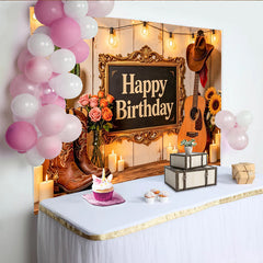 Lofaris Rustic Western Cowboy Birthday Backdrop with Guitar and Boots, Cactus, String Lights Party Background for Photo Booth