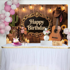 Lofaris Rustic Western Birthday Backdrop with Cowboy Boots, Cactus, and Guitar, Elegant Wooden Wall Photography Background for Party Decor
